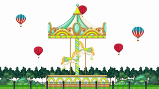 Animated Carousel with Spinning Horses and Floating Hot Air Balloons