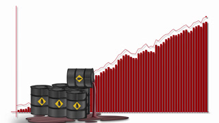Rising Red Bar Graph with Leaking Oil Barrels on White Background