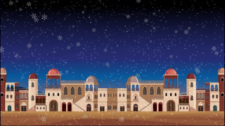 Animated Cartoon Middle Eastern City with Snow Falling at Night