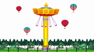 Animated Amusement Park Swing Ride with Hot Air Balloons on White Background