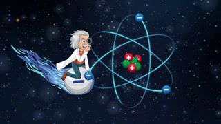 Cartoon Scientist Riding a Comet Observing an Atomic Structure in Space