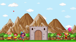 Animated Cartoon Fairytale Castle with Clowns and Hot Air Balloons