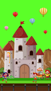 Animated Cartoon Castle with Clowns and Hot Air Balloons on Green Screen