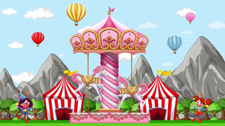 Animated Cartoon Carnival Background with Spinning Carousel and Hot Air Balloons