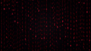 Red Digital Matrix Rain Background with Falling Greek Alphabet Characters
