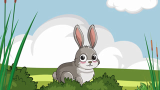 Cartoon Gray Rabbit Sitting in a Lush Green Meadow by a Pond