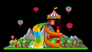 Animated Cartoon Water Park with Slides and Hot Air Balloons