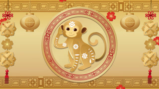 Animated Chinese Zodiac Monkey Illustration with Traditional Gold and Red Ornaments