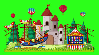 Animated Cartoon Fun Park with Castle and Rides on Green Screen