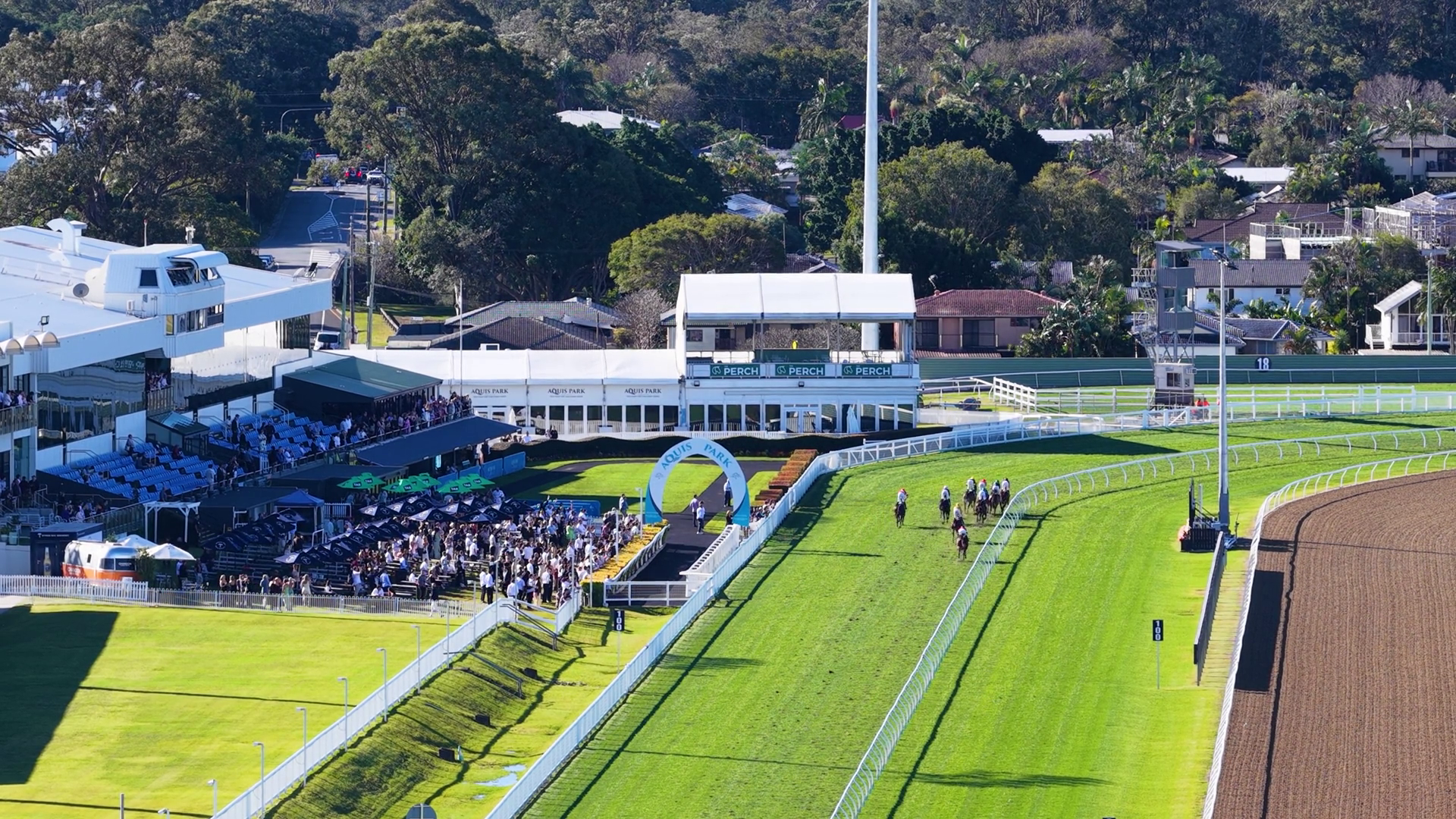 Aerial View Of Horse Race Start At Turf Track Stock Footage SBV ...