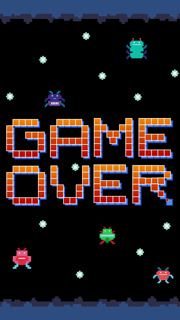 Vertical Retro Pixel Art Game Over Screen with Animated Space Aliens