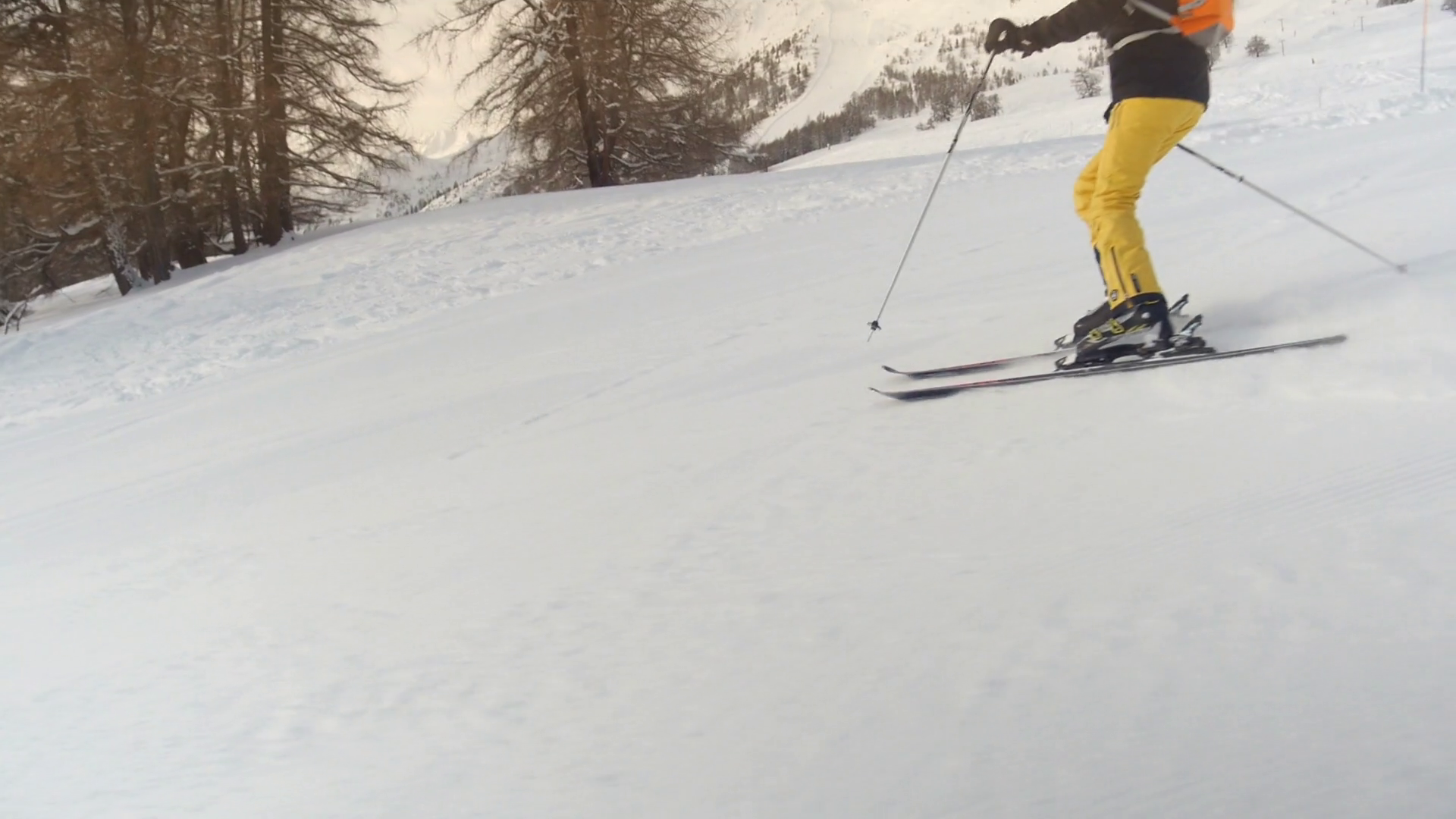 Downhill skiing. Camera tracking along fluently with skier. Stock Video