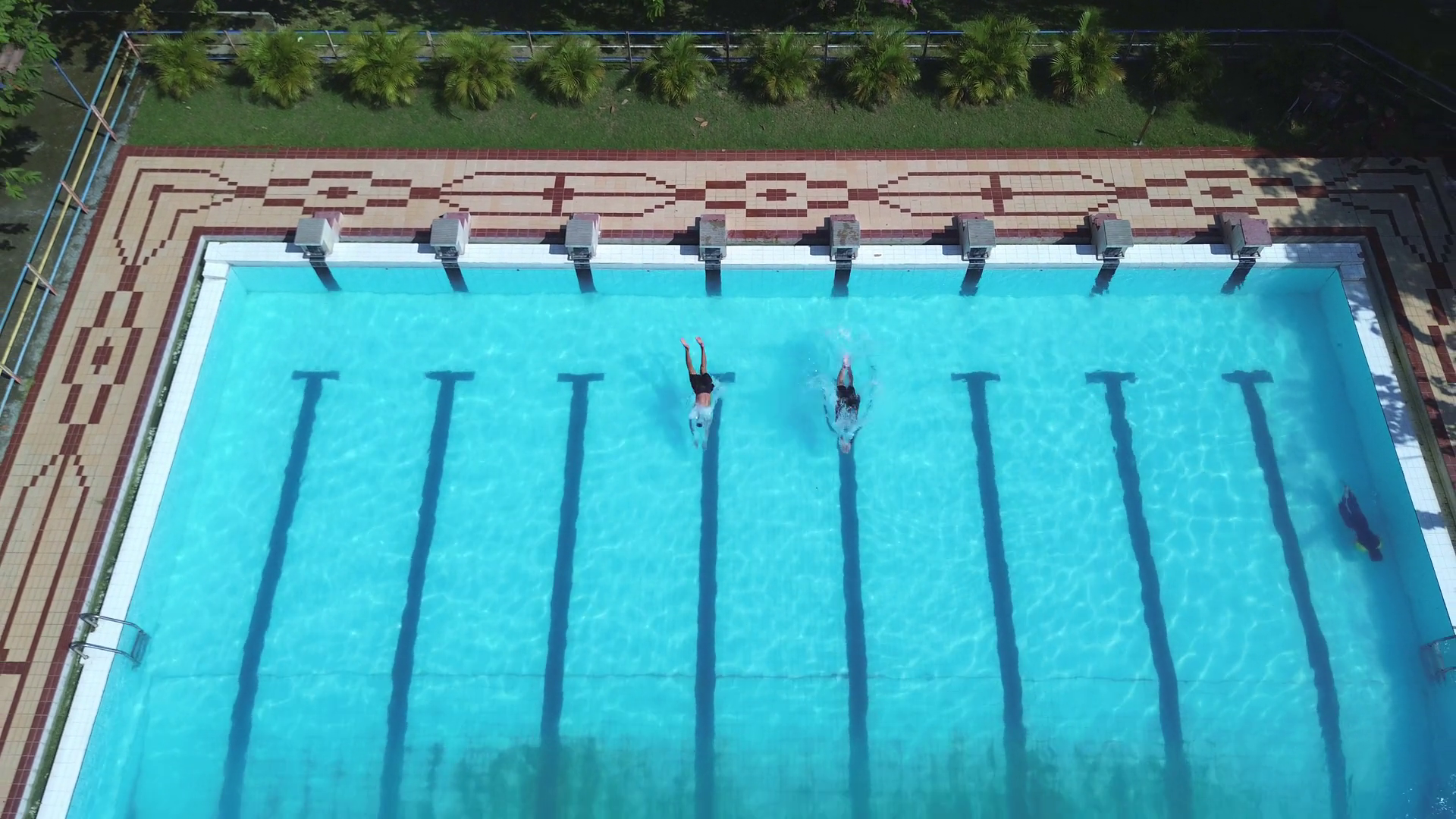 Aerial View Of Swimming Pool With Couple Of Stock Footage SBV-352371123 ...