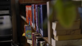 Books on library shelves in prison library 4k