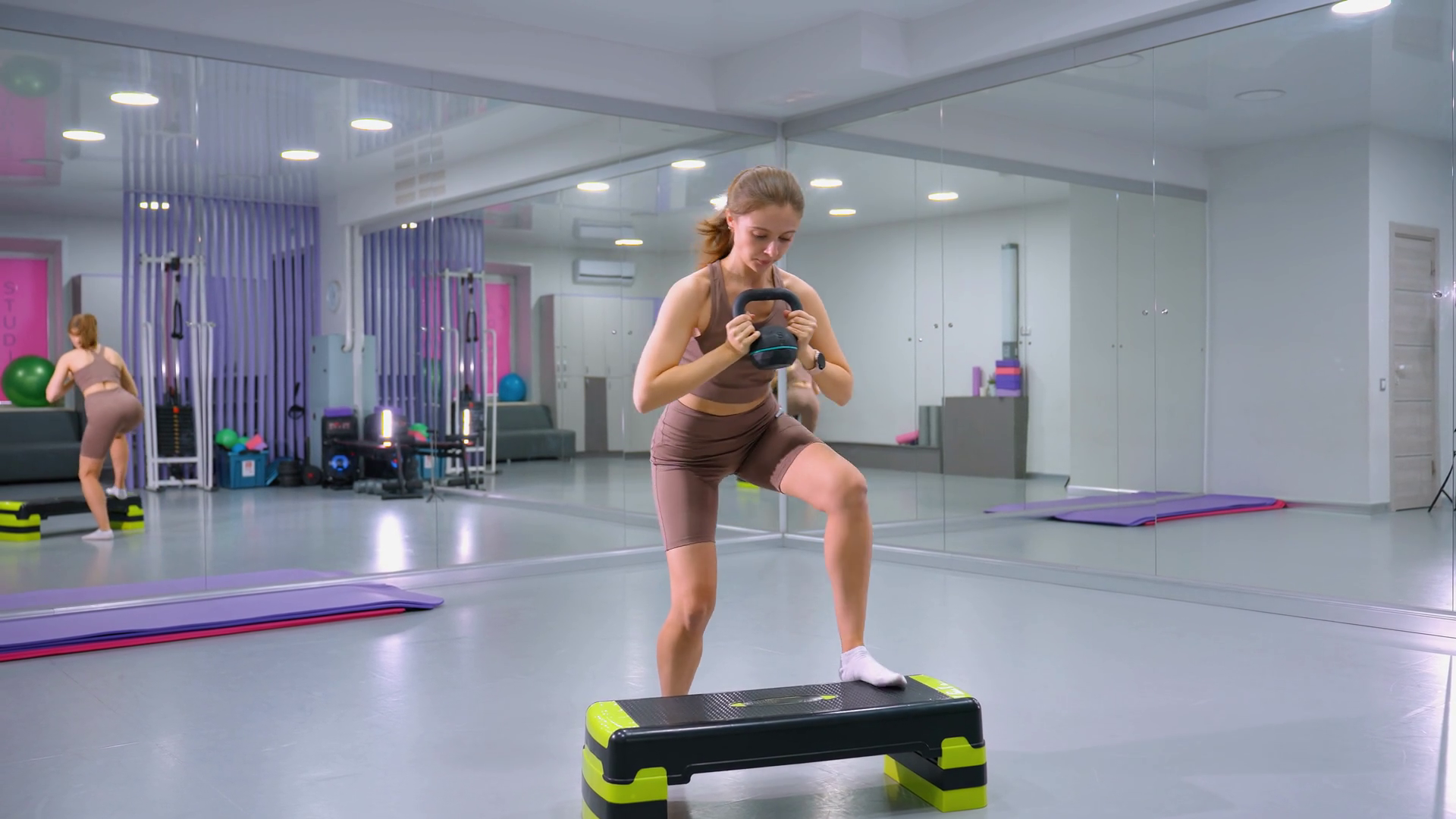Woman Lifts Weight Steps Onto Aerobic Bench Stock Footage SBV-351846528 ...