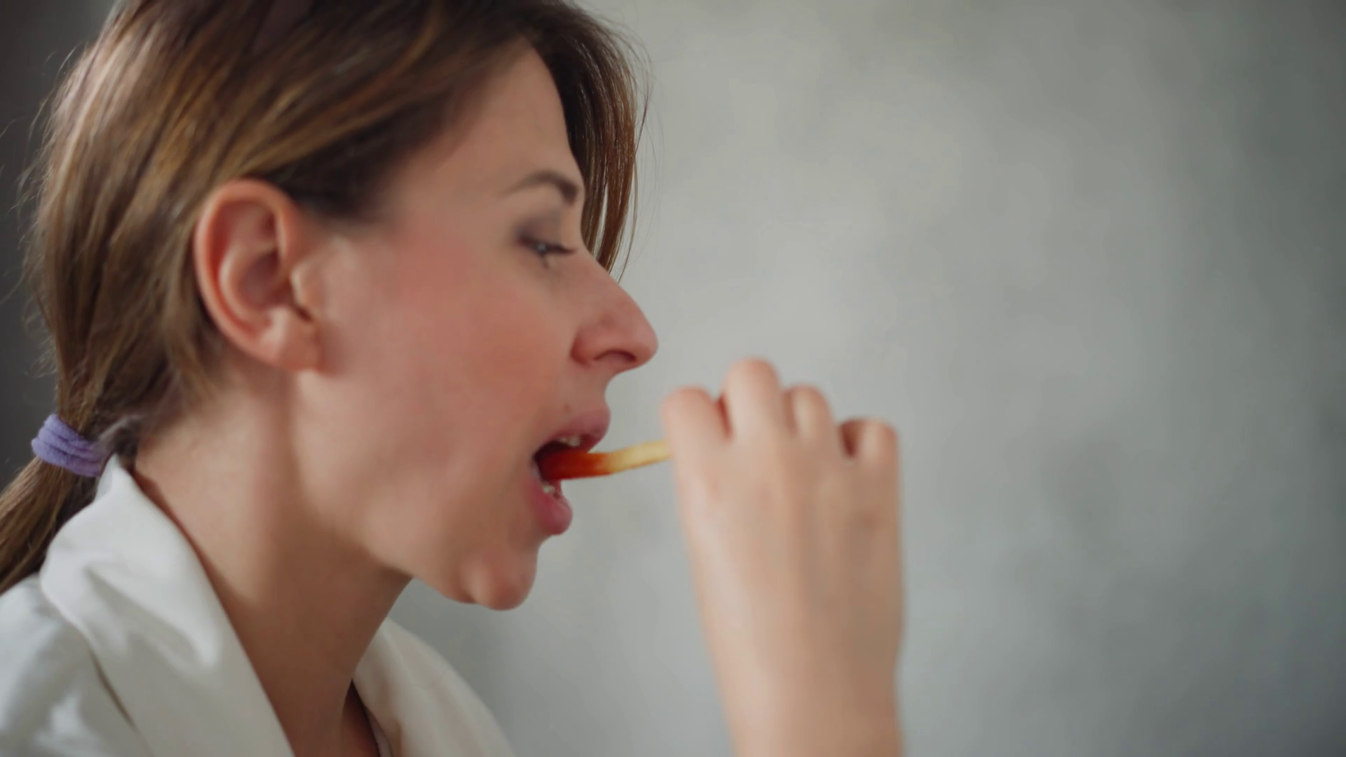 Side View Of Lady Wearing White Eating Stock Footage SBV-352135640 ...