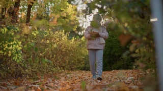 book lover walking through autumn forest path reading book in hand, golden leaves carpeting ground and sunlight filtering through trees