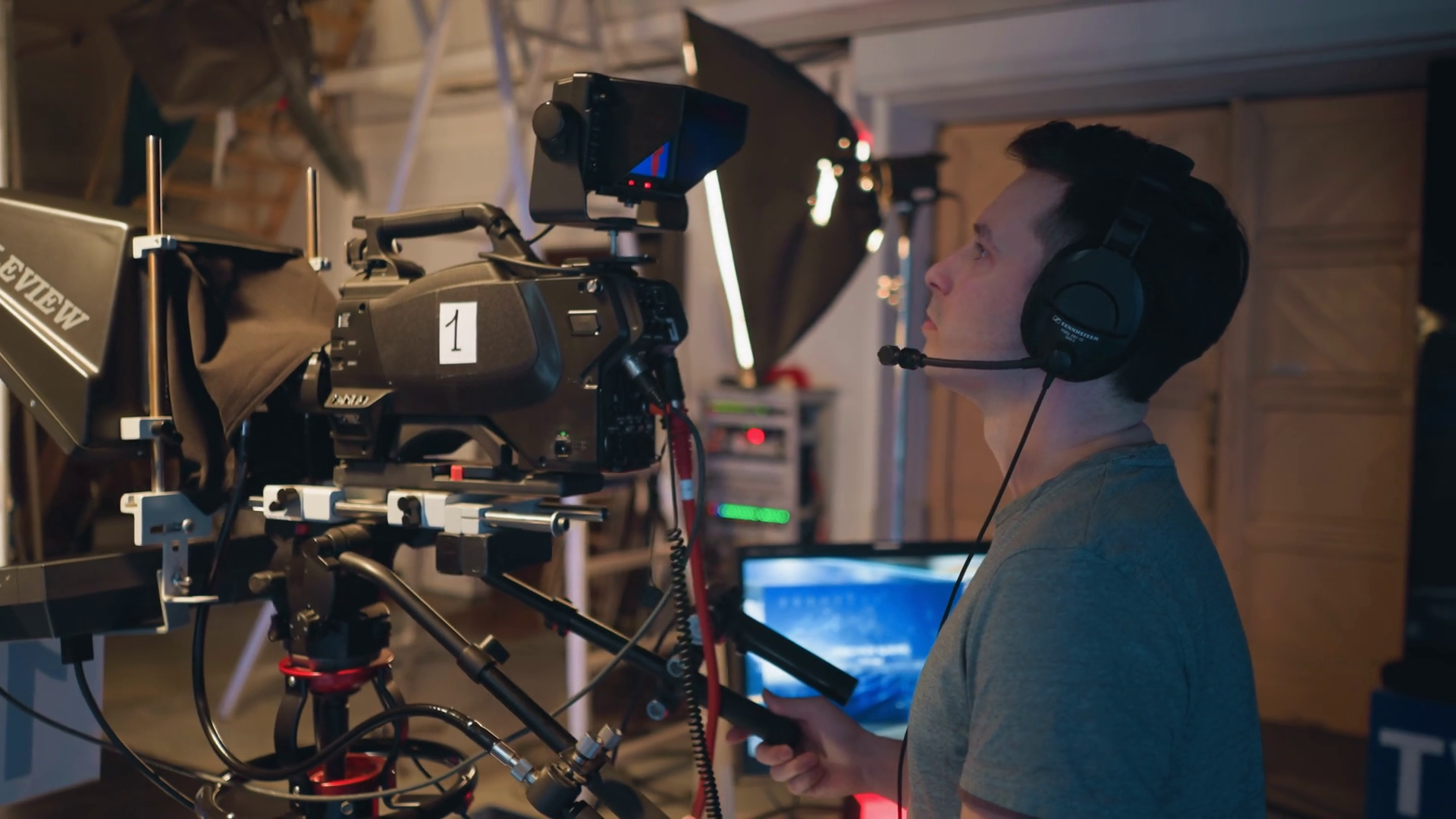 Male Cameraman Wearing Headset Operates Stock Footage SBV-352486461 ...