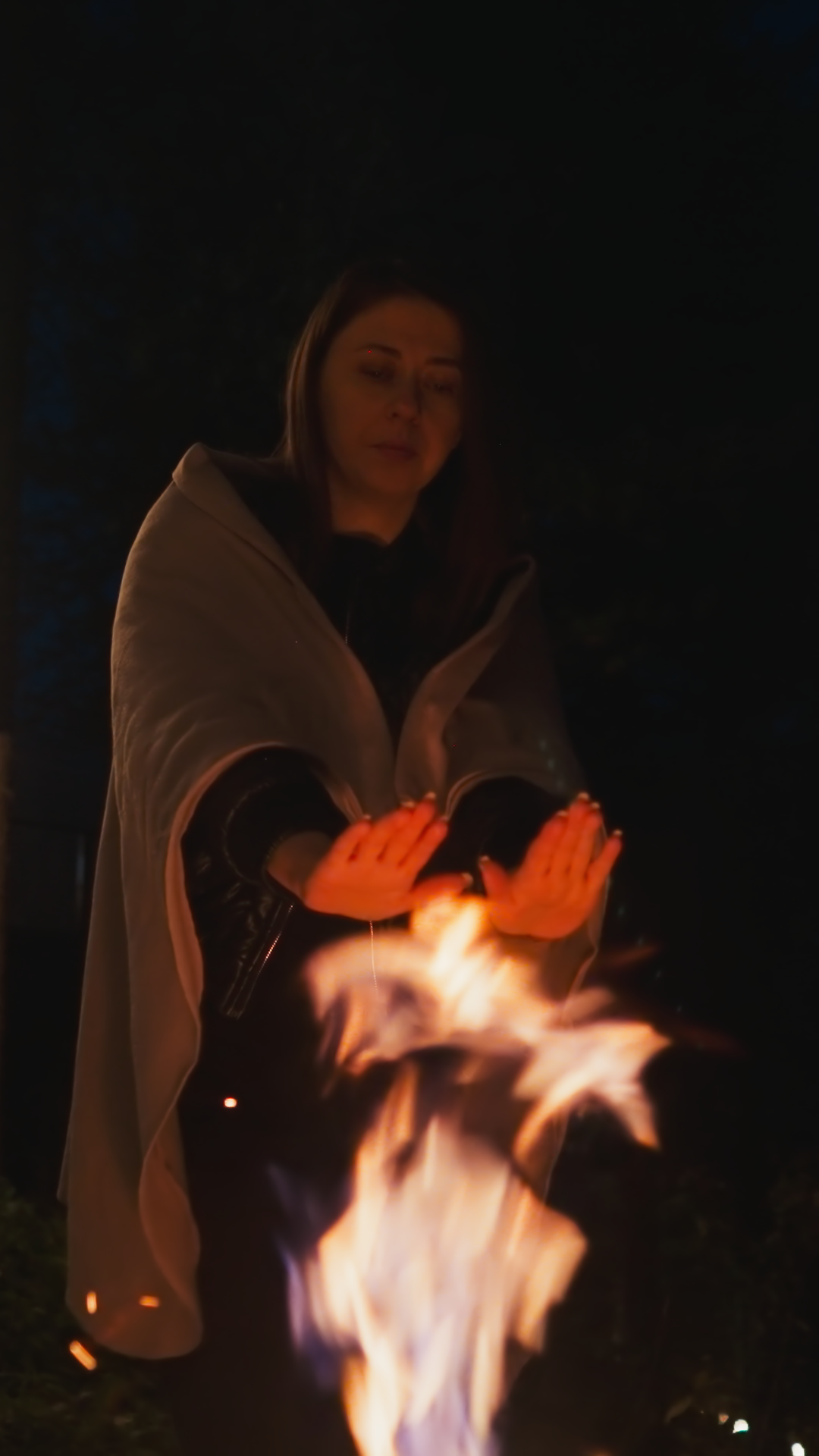 Woman Rubs Hands Over Fire Late At Night Stock Footage SBV-353242869 ...