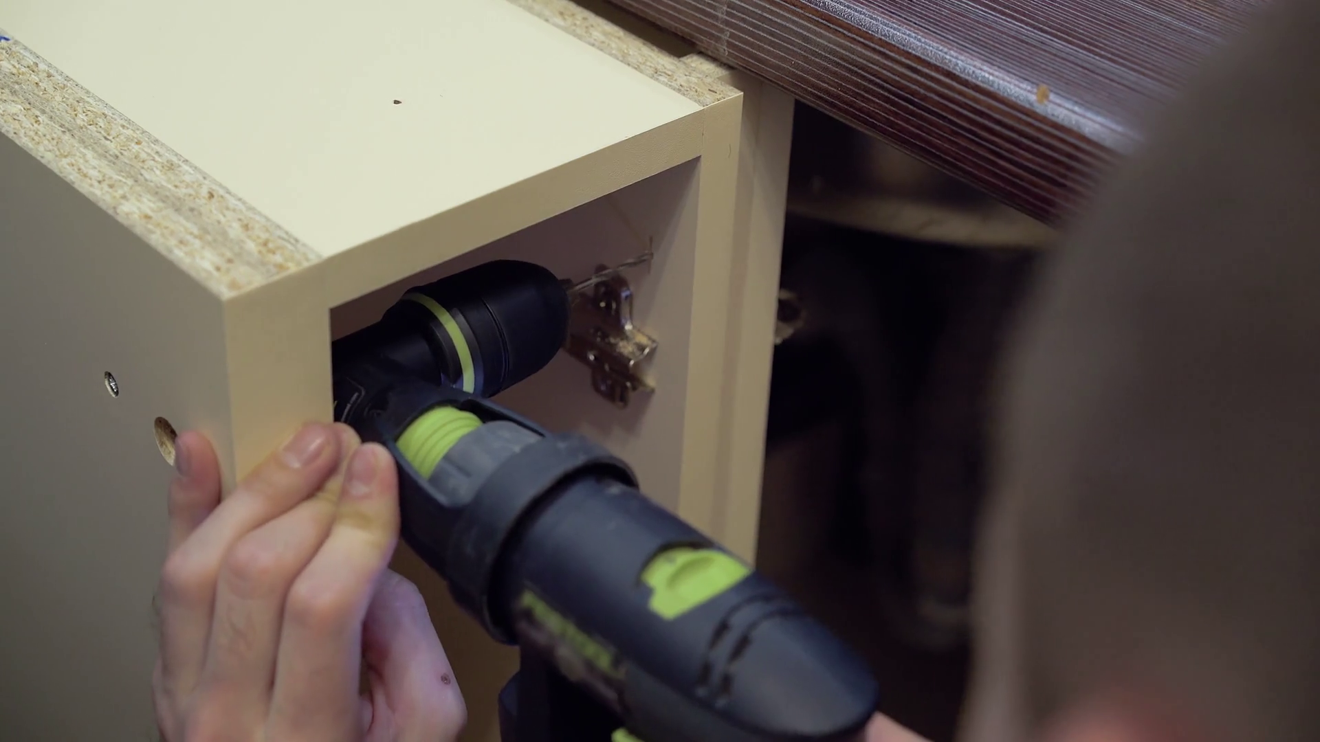 Furniture Maker Drills Side Surface Of Stock Footage SBV347419112