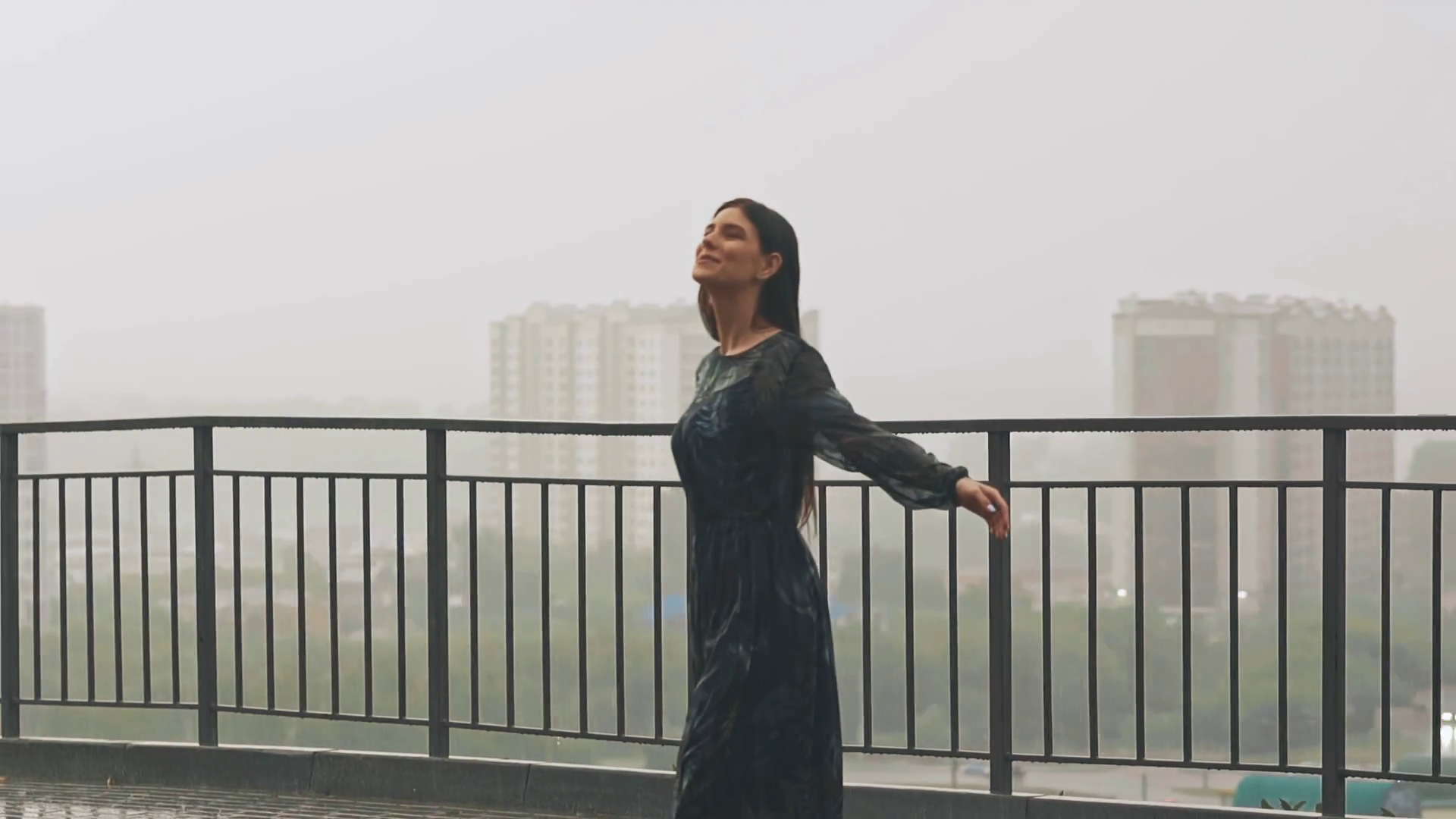 Happy Pretty Woman In Long Wet Chiffon Dress Stock Footage SBV