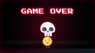 Retro Pixel Art Game Over Screen with Skull and Dead Emoji on Black Background