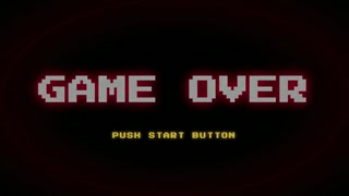 Retro pixel art game over screen with flashing text on a dark background