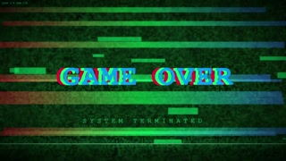 Retro Glitch Game Over Screen with Digital Distortion and RGB Shift on Green