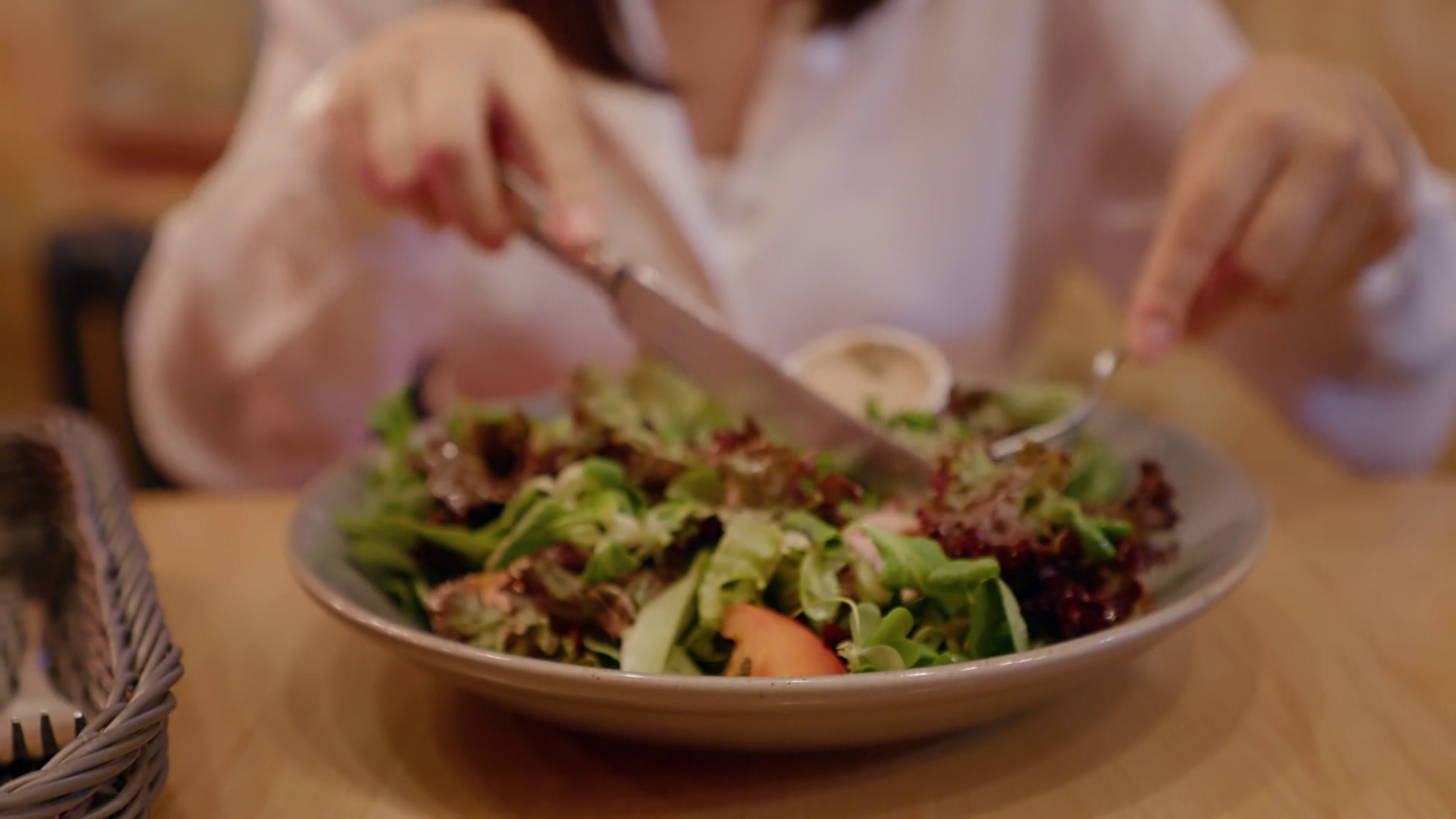 Woman Hands Eating With Knife Fork Bowl Of Stock Footage SBV-352046206 ...