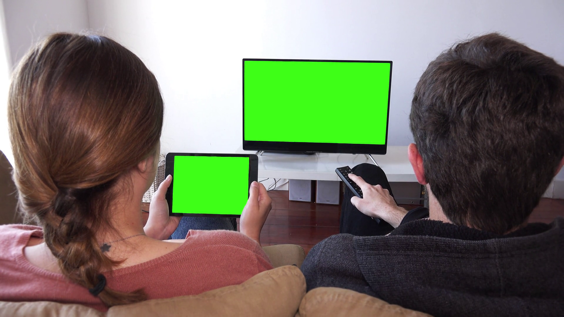 Couple Watching Green Screen Monitors At Home Stock Footage SBV ...