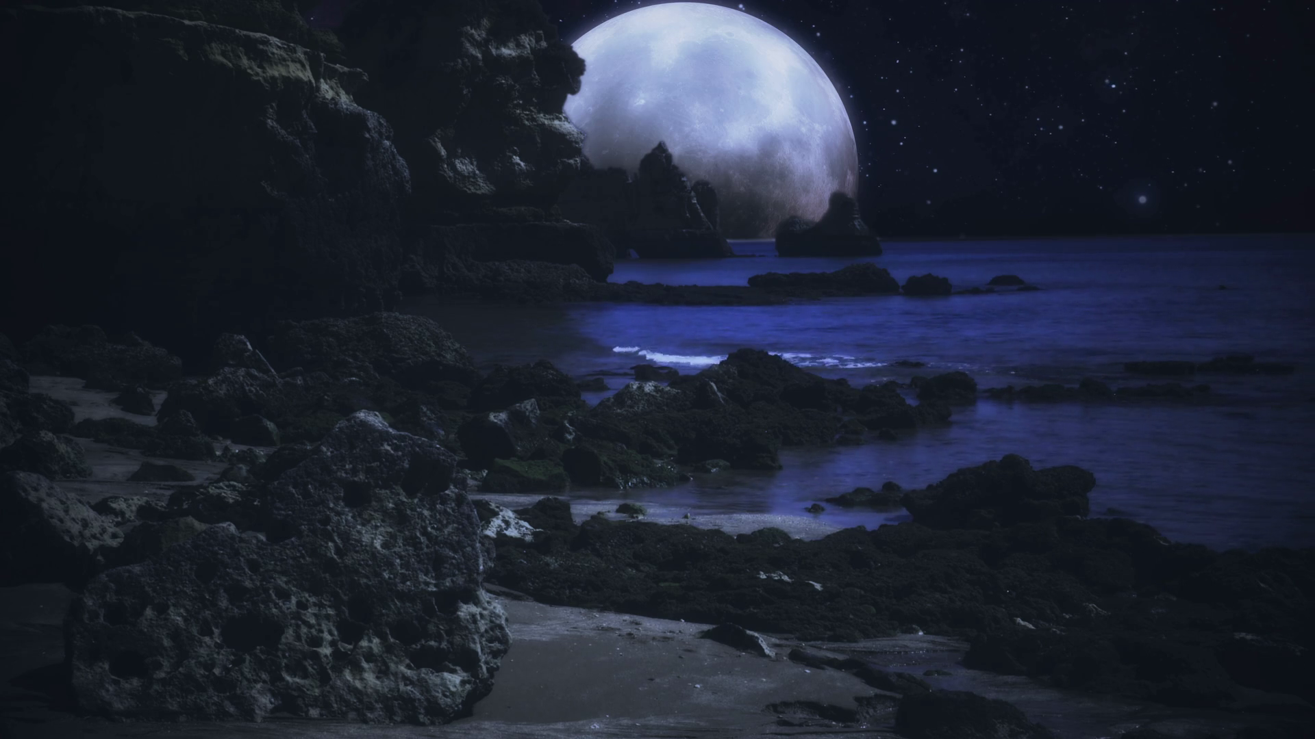 Moonlight Ocean Water Flowing Rocks Full Stock Footage SBV-352356275 ...