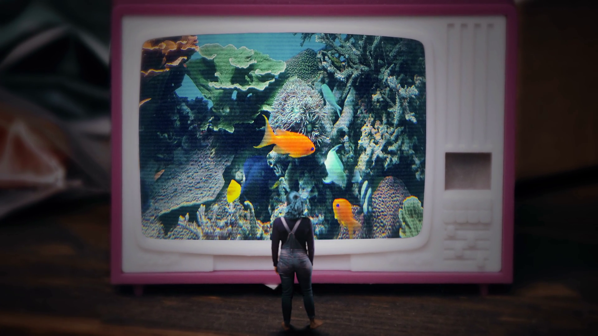 Miniature Tv Girl Fish Screen Swim Zoom In Stock Footage SBV-352432030 ...
