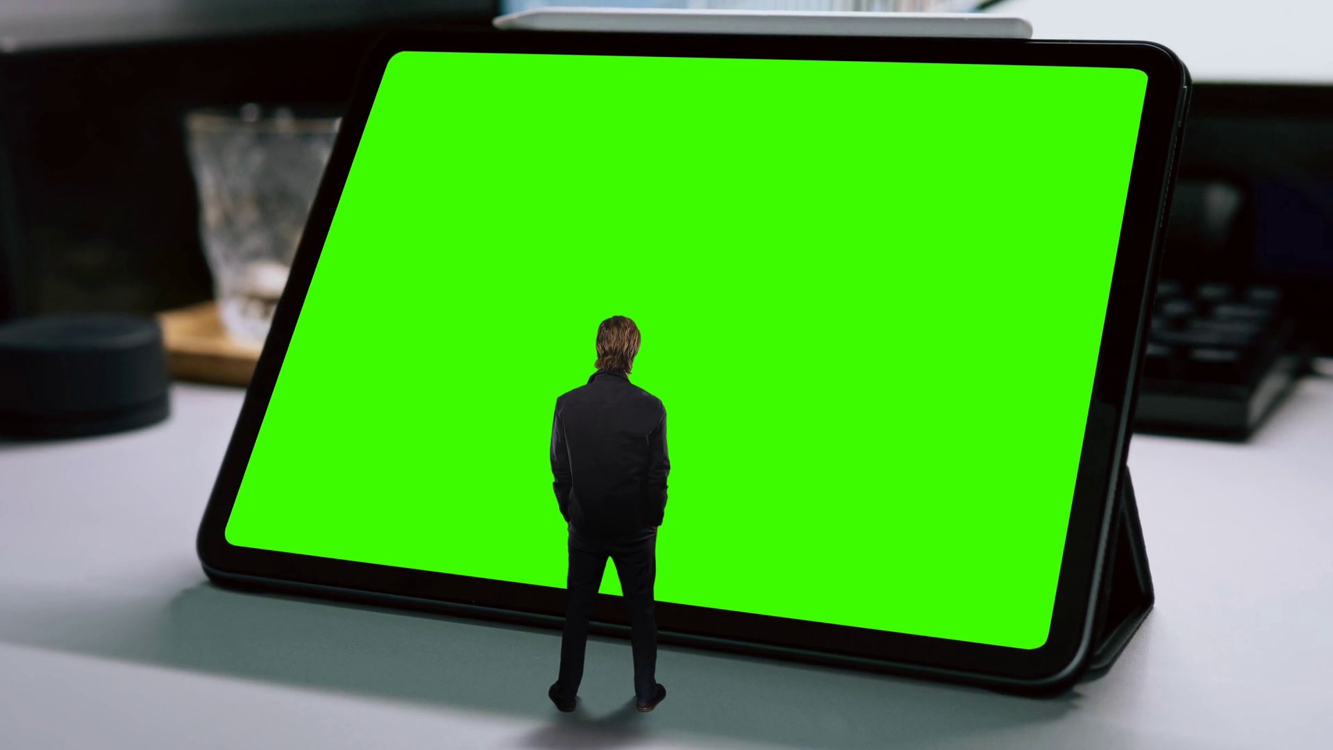 Tablet Green Screen Man Miniature Looking Stock Footage SBV-352430902 ...