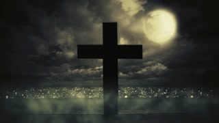 Moonlight Christian Cross City Skyline Misty Night Background
