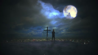 Moonlight Tomb Cross Man Mountain Top City Skyline Zoom In