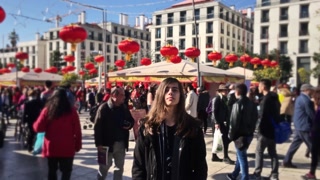 Teenager Long Hair In Crowded Place Starring Camera, Time Lapse