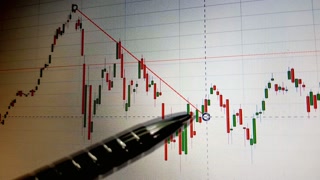 Analyzing stock market trends with a pen on a financial chart display screen