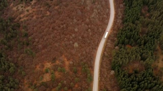 Aerial view of a truck driving on a winding road through a dense forest area