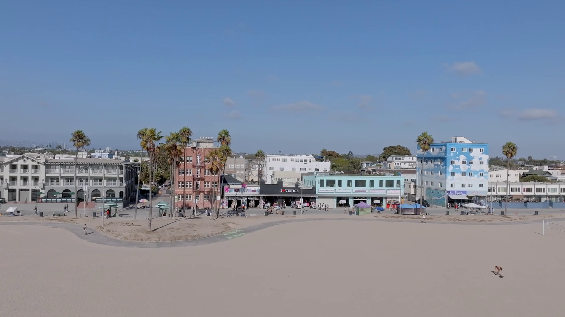Aerial view of the shoreline in Venice Beach, CA. Ocean Front Walk of