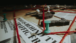 Close-up macro dolly shot detective investigation board, investigative evidence corkboard with fingerprints, newspaper articles cuts connected with red and sisal threads on cork world map notice pins