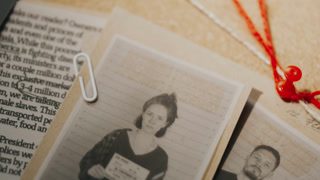 Close-up macro pan shot detective investigation board, investigative evidence corkboard with suspects photos, male female mugshots, newspaper articles connected with red threads