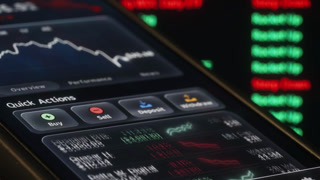 Close-up smartphone screen showing financial app with declining portfolio value and falling charts. Market downturn, losses, risk, volatility, bearish trend and negative investment performance