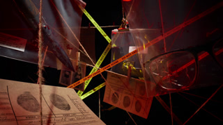 Crime scene investigation dolly camera flies through evidence collected on murder hanging on interweaving threads glasses in transparent bags. Perfect for crime documentaries intros