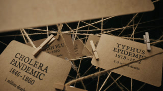 Macro dolly camera flies through craft cardboard cards hanging on ropes interweaving plexus with world epidemics and pandemics list number of deaths from diseases written on them, historical timeline