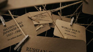 Macro dolly camera flies through craft paper cards hanging on ropes interweaving plexus with major wars and conflicts in world history and number of deaths written on cardboards, historical timeline