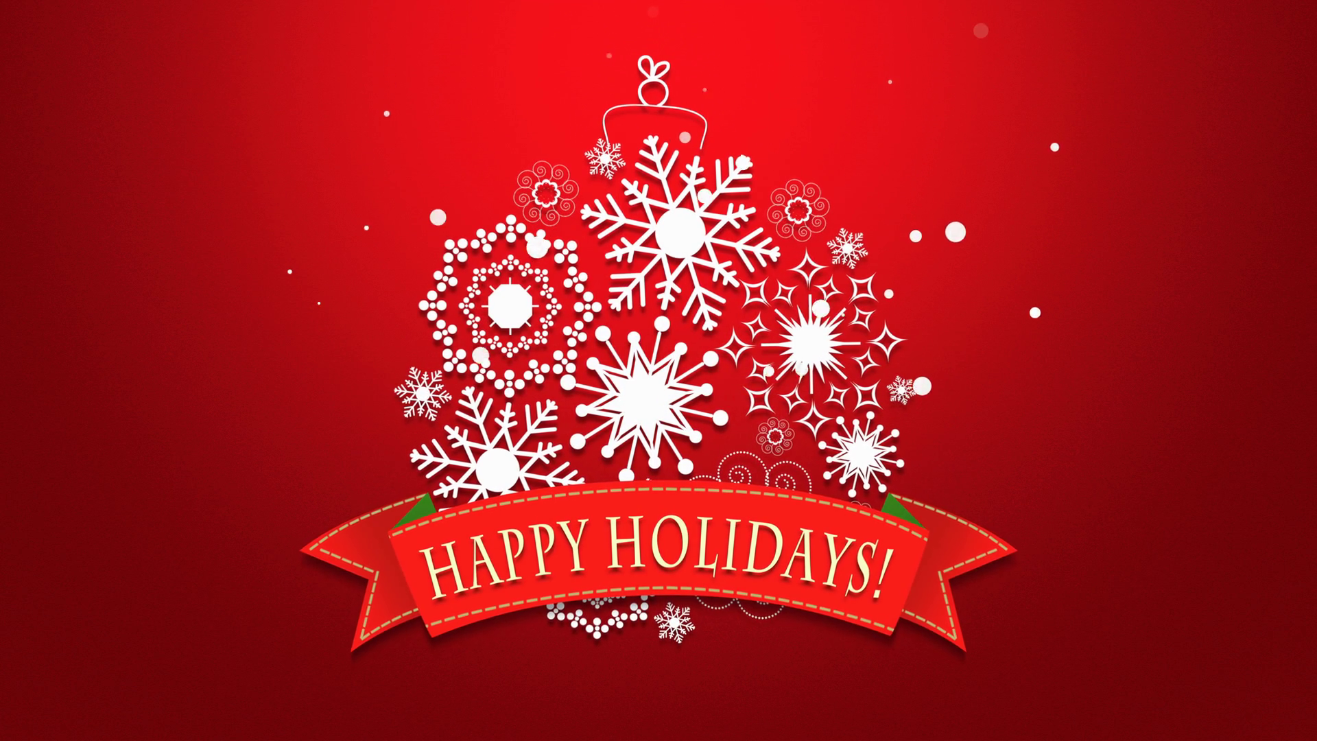 Animated closeup Happy Holidays text, white snowflakes on red