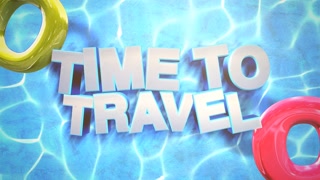 Animated text Time to Travel with swimming circles, blue summer background. Elegant and luxury dynamic retro style footage for advertising and promo theme