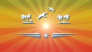 Motion intro stamp with palms, gulls and sun, summer background. Elegant and luxury dynamic retro style footage for advertising and promo theme