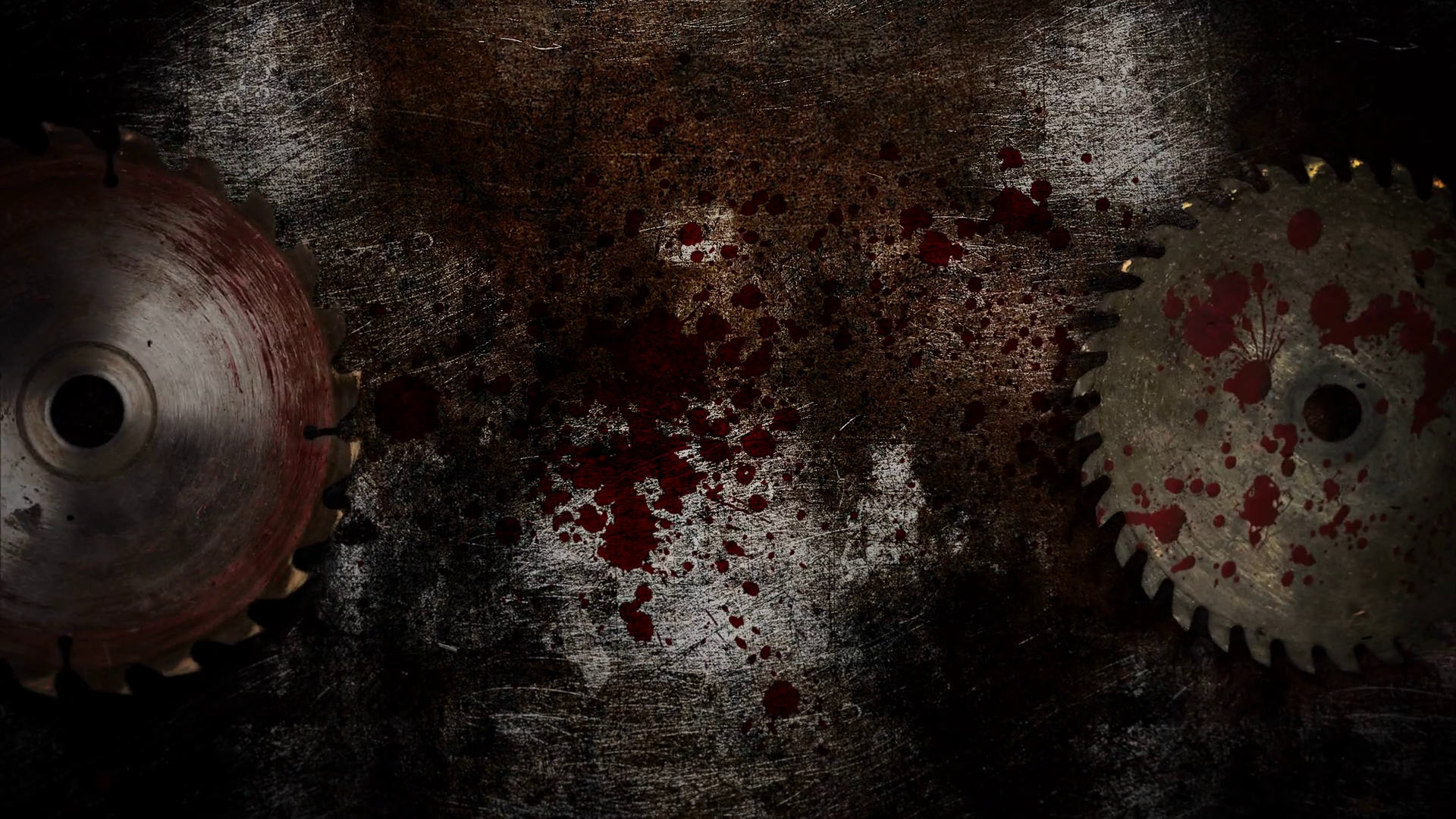 Mystical horror background with electric saw and dark blood. Holiday Halloween, abstract