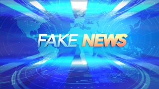 Animation text Fake News and news intro graphic with blue lines and world map in studio, abstract background. Elegant and luxury dynamic style for news template